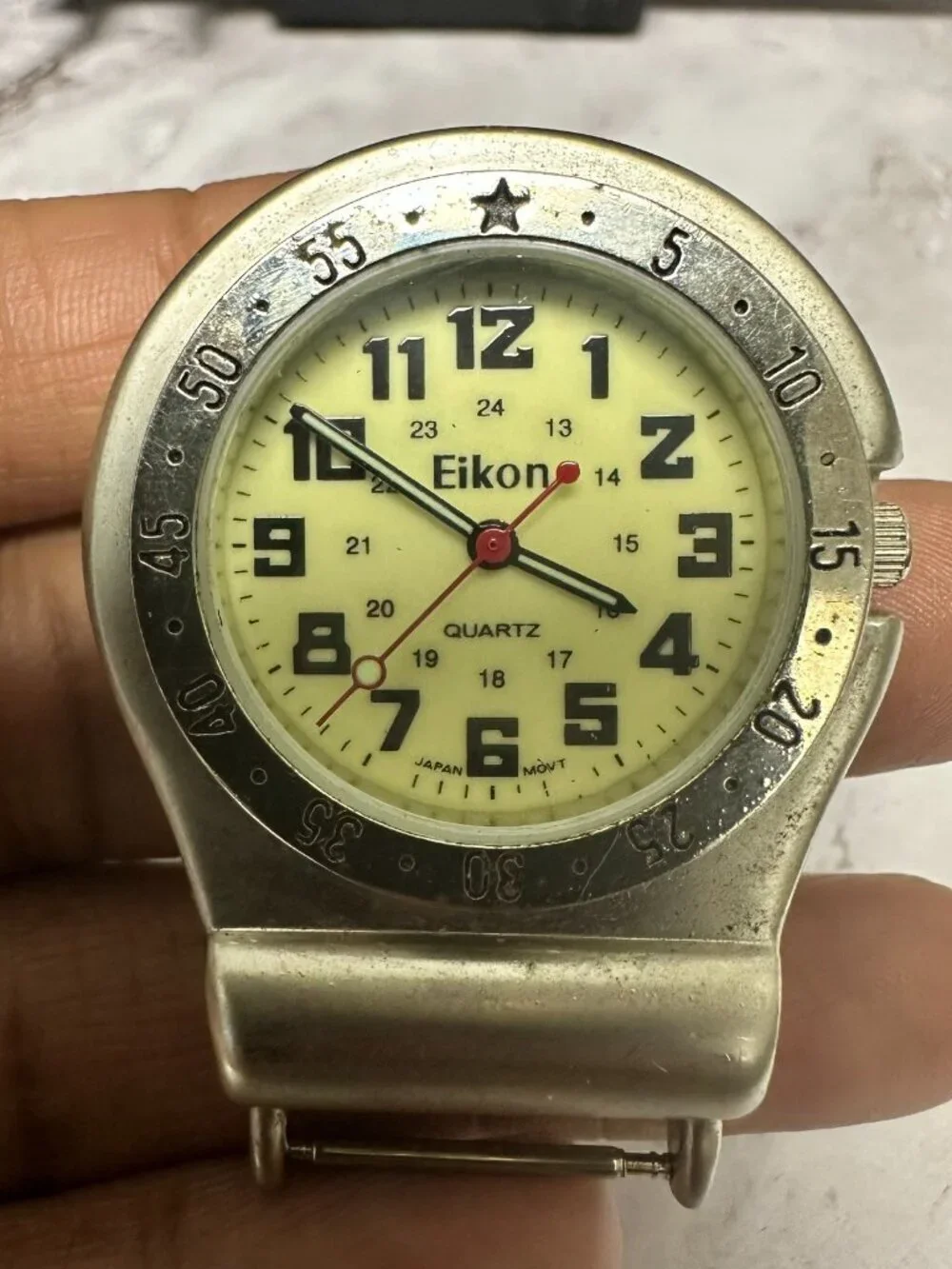 3/$30 Eikon Clip On Watch Mens Silver Tone Yellow Dial 36MM No Band New Battery